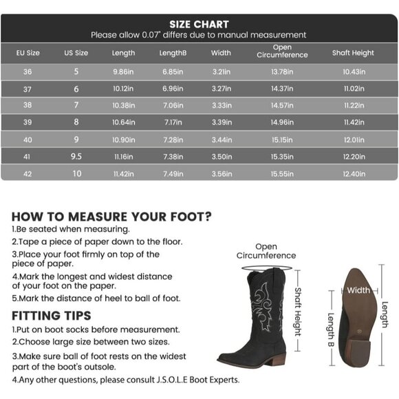 J's.o.l.e Women Black Western Pointed Toe Wide Mid Calf Botte Cowboy Femme Boots - Picture 6 of 8